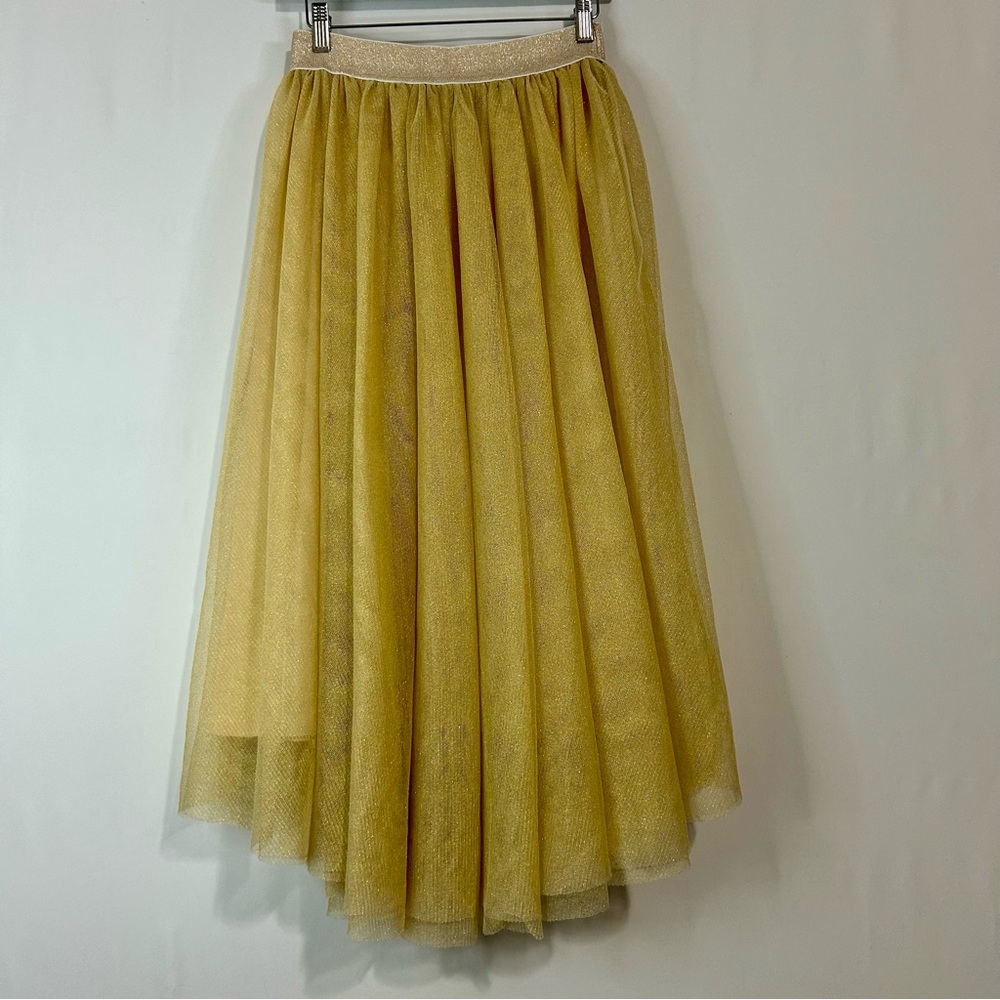 EleStory Women’s Shimmer Tulle Lined Midi Skirt Gold Size Small EUC Girly Flowy